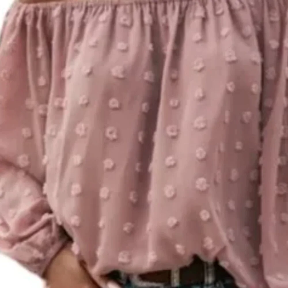 Dusty rose tufted dot off shoulder boho flowy long sleeve blouse sizes M and L - Picture 4 of 5